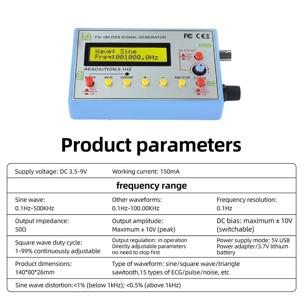 Advanced DDS Function Signal Generator Frequency Counter with Adjustable Waveforms and Duty Cycle, 0.1Hz - 500KHz Range