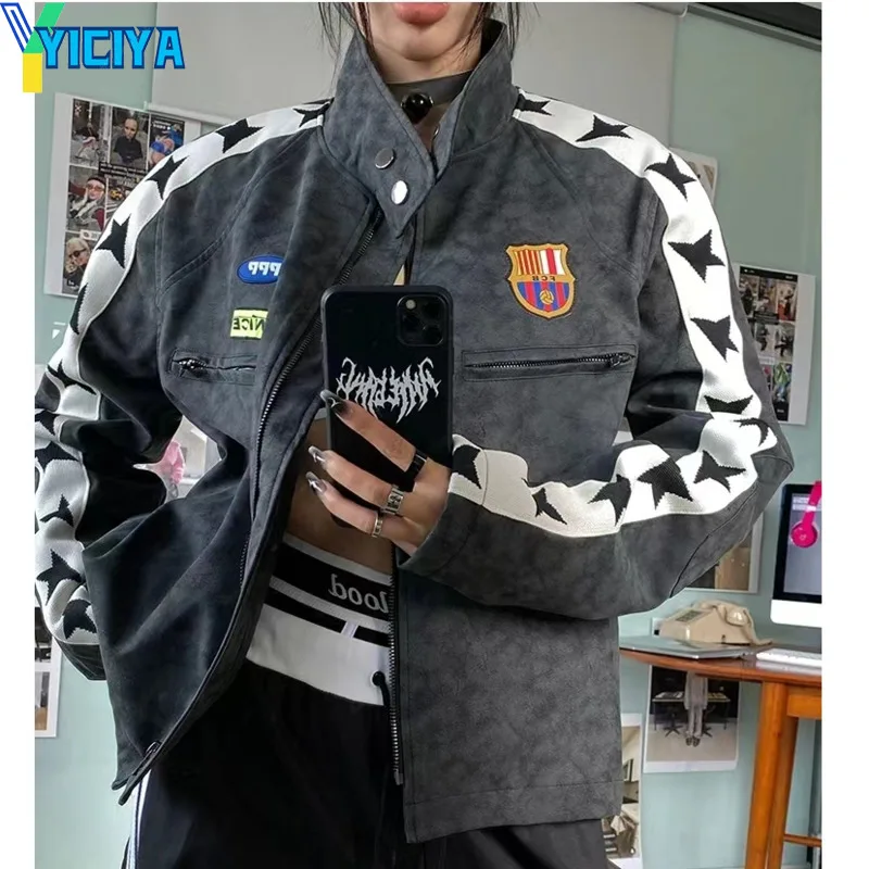 

YICIYA jacket Stars gray Cyberpunk racing car women coat bomber Korean fashion winter Motorcycle Jackets new outfits baseball