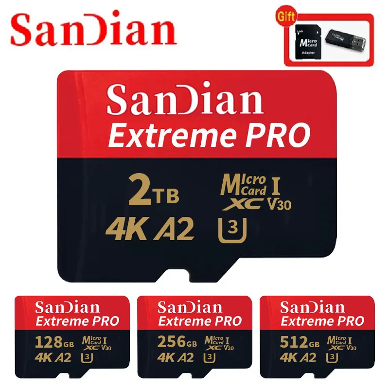 thumbnail image 1 of Tarjeta Micro TF SD de 128 GB, 256 GB, clase 10, A2, tarjeta de memoria de alta velocidad U3 4K, 512 GB, tarjeta flash TF de 1 TB para teléfono inteligente, cámara y dron, 1 of 5