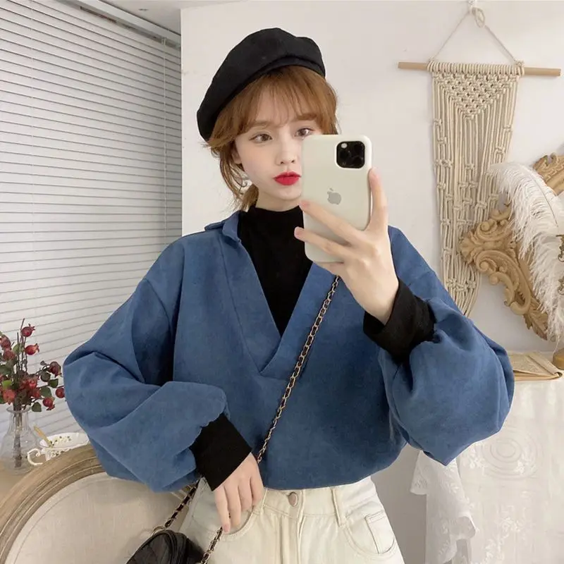 

Vintage Fake Two Pieces Loose T Shirt Tops Long Sleeve O-neck Solid Color Spring Autumn New Blouse Casual Fashion Women Clothing