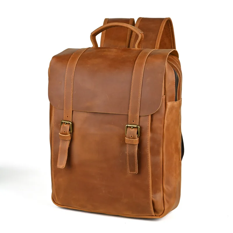 

New Brown Thick Top Grain Genuine Crazy Horse Leather 15.6'' 14'' Laptop A4 Women Men Backpack Travel Bag Vintage Highend M0026