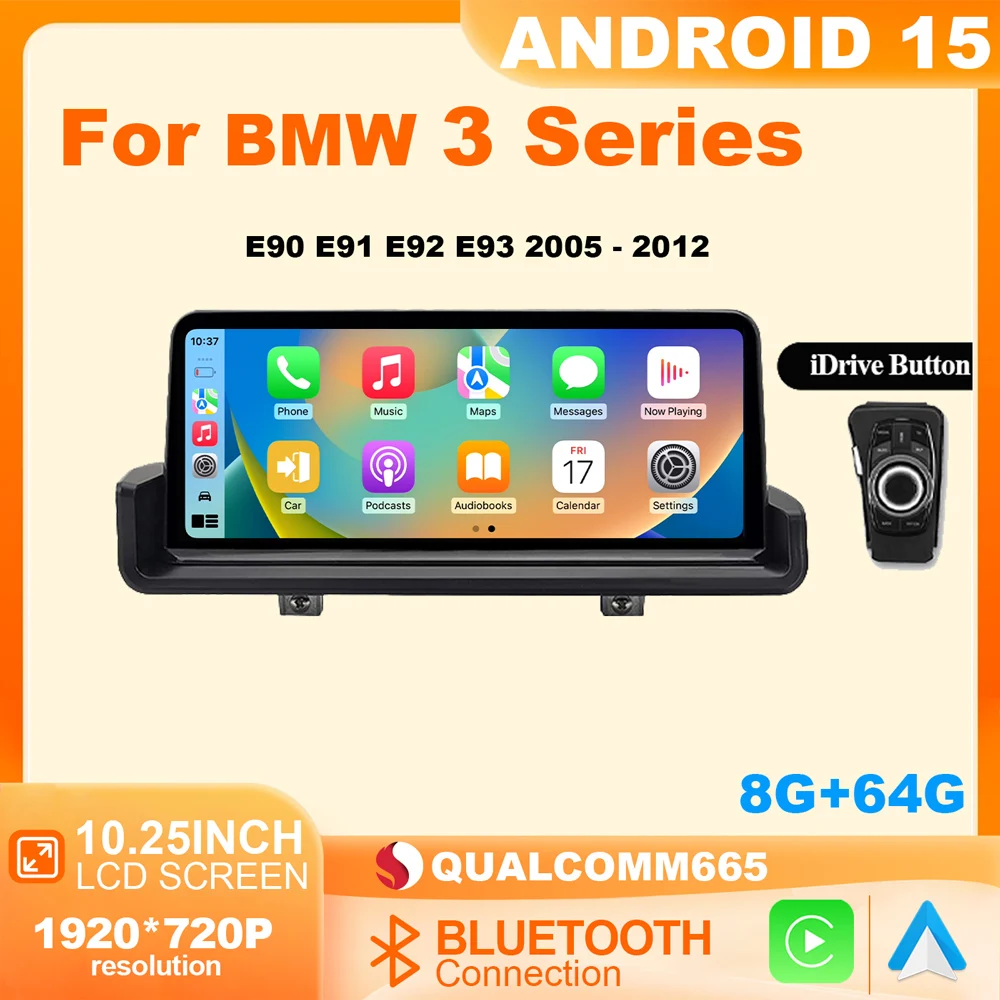 Para BMW Serie 3 E90 E91 E92 E93 y M3 8+64G 2005-2012 La configuración original de fábrica es una pantalla de 6 pulgadas con 64G de almacenamiento, Android Auto y CarPlay inalámbrico, navegación GPS multimedia, Android 15, chip Qualcomm Snapdragon 665, reproductor multimedia para automóvil. 1
