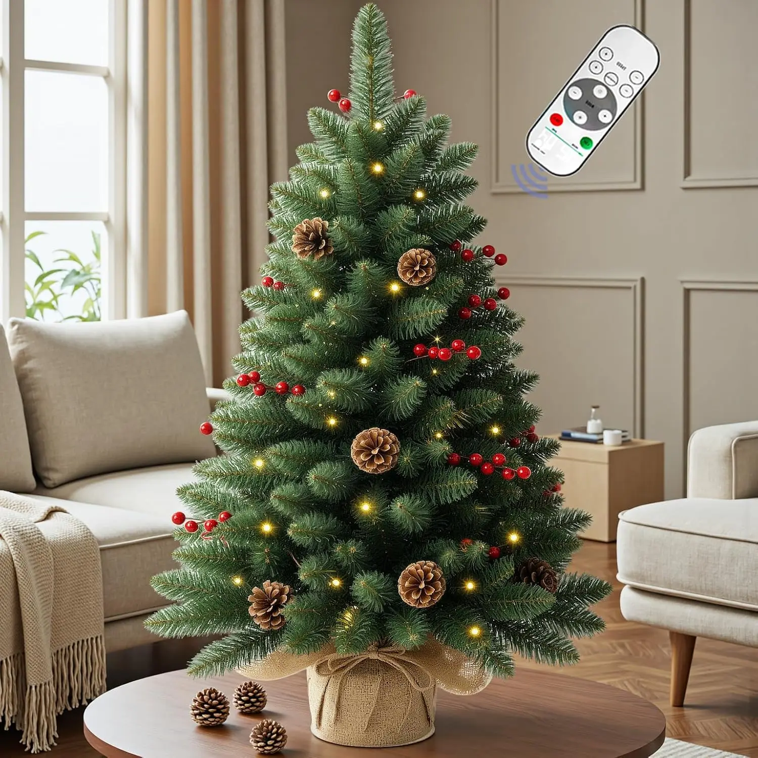 3FT Pre-lit Mini Christmas Tree with Warm White & Color LED Lights ...