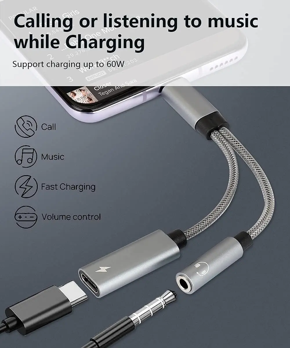 2-in-1 USB-C to 3.5mm & 60W PD Charger Adapter, HiFi Audio with DAC Chip, Fast Charging for Samsung/Google/iPad Pro/MacBook