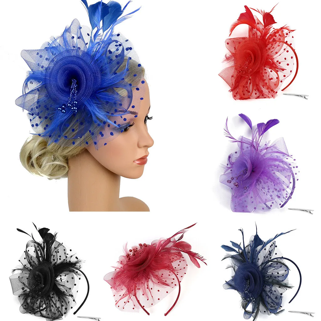 

Women Fascinator Hat Headband Flower Feather Mesh Yarn Cocktail Party Wedding Hair Accessories For Cocktail