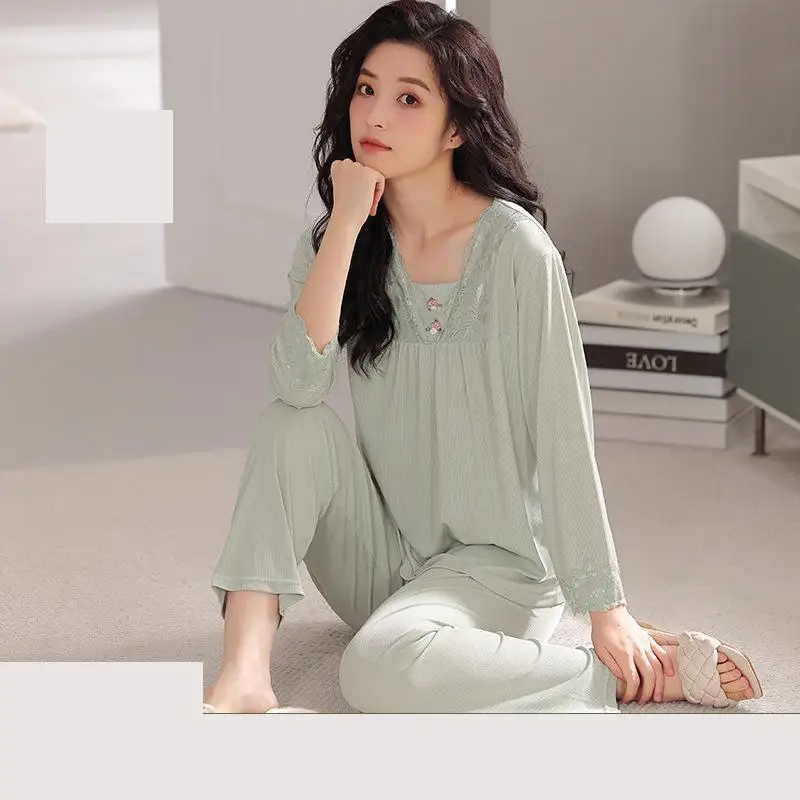 

New Women's Pajamas Long Sleeve Pants Spring And Autumn Thin Cool Thread Ice Silk Casual Mom Home Suit Summer Set Solid Color