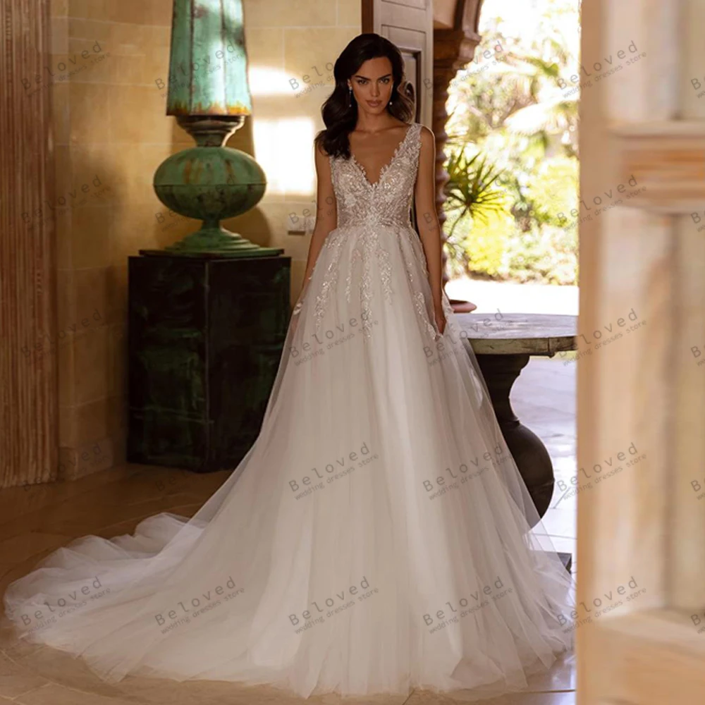

Elegant Wedding Dresses A-Line Bridal Gowns Lace Appliques V-Neck Sleeveless Backless Robes For Formal Party Vestidos De Novia