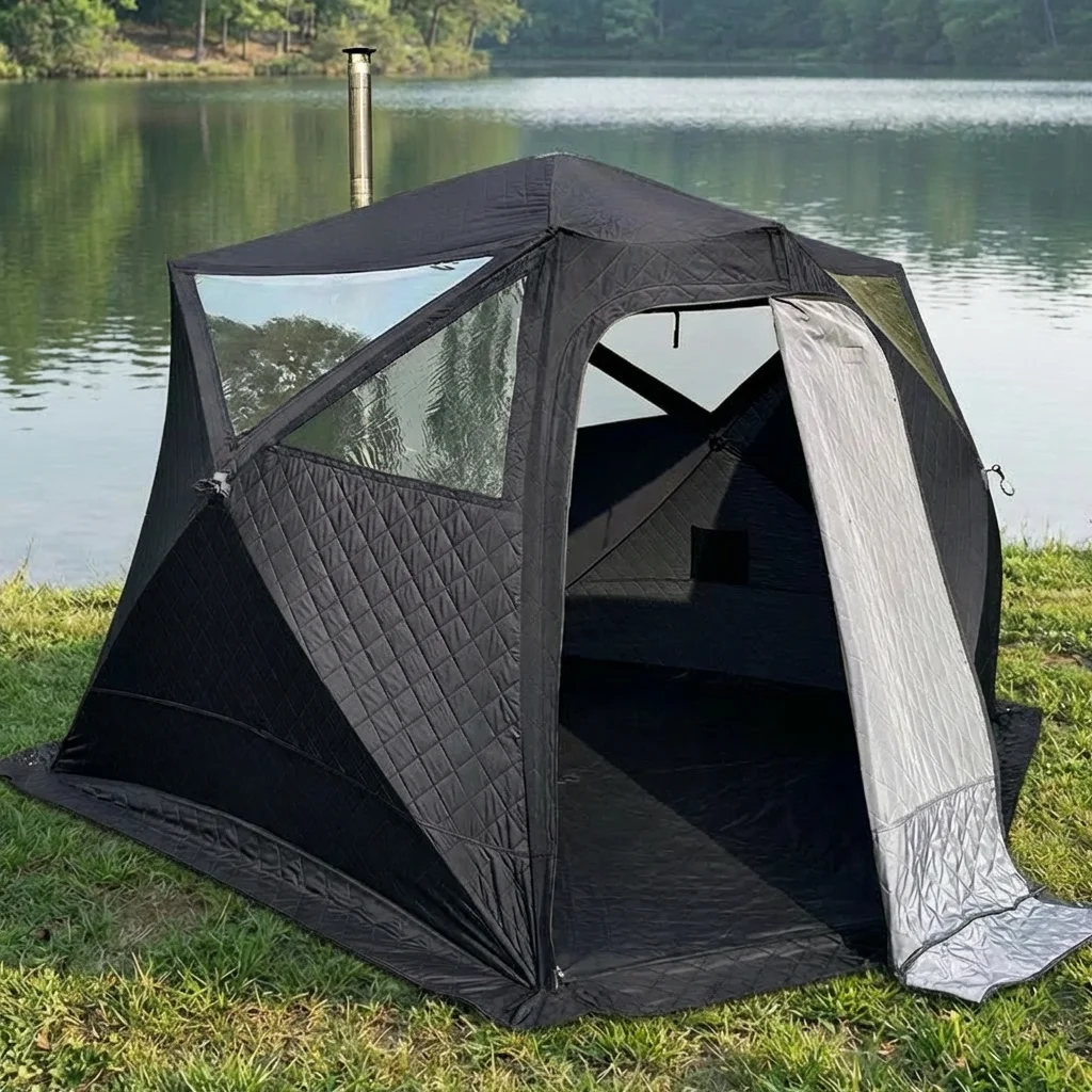 히트 상품 OEM 68인용 휴대용 사우나 텐트 (스토브 포함) 300D/420D/600D 옥스포드 3중 단열 겨울용 야외 장작 건식 사우나