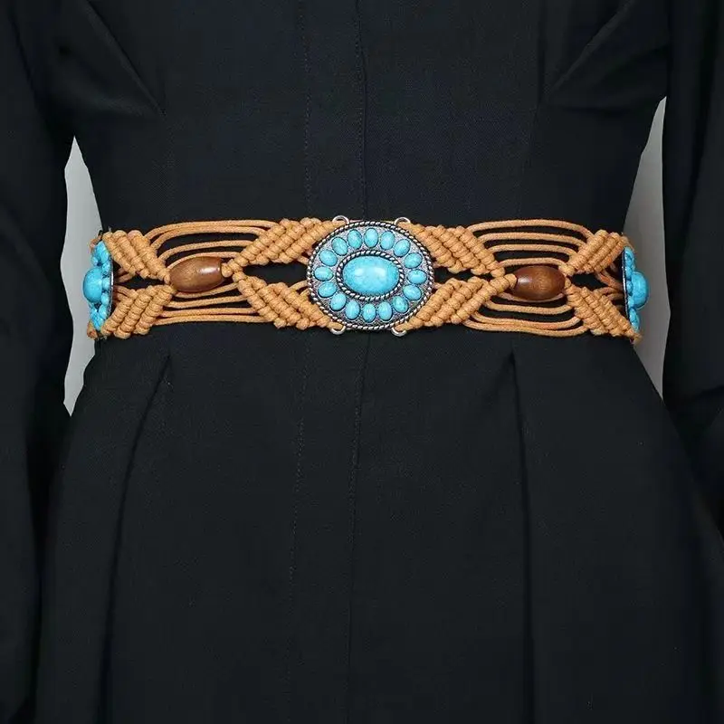 Neue böhmische Legierung Türkis Harz Perle gewebt geknotet Ethno-Stil Damen Taille Seil – Detail 13