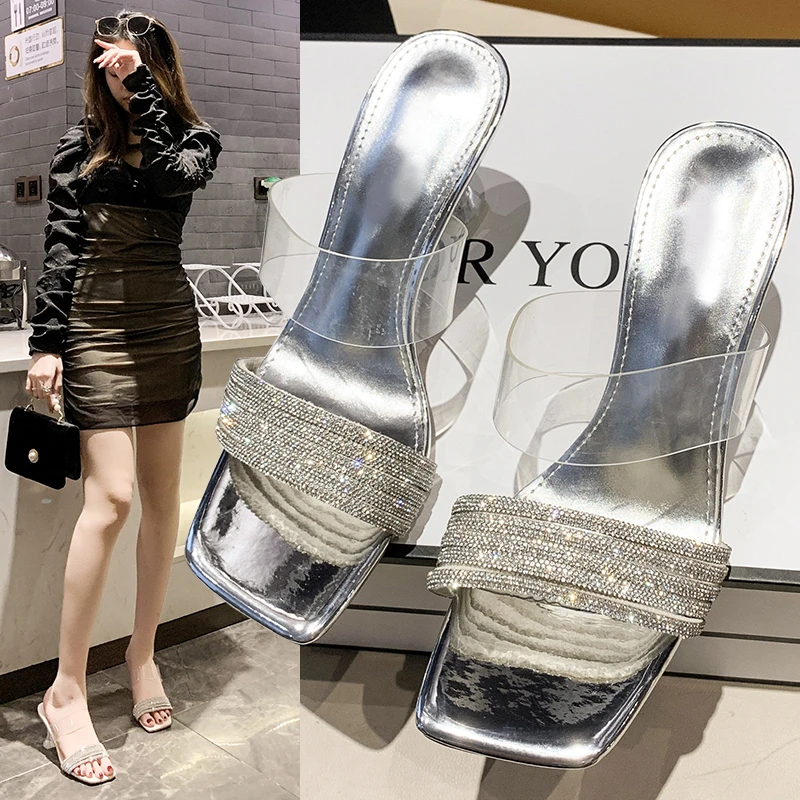 

Lucyever blingbling crystal slippers for women 2022 summer transparent heels sandals woman silver square toe flip flops ladies