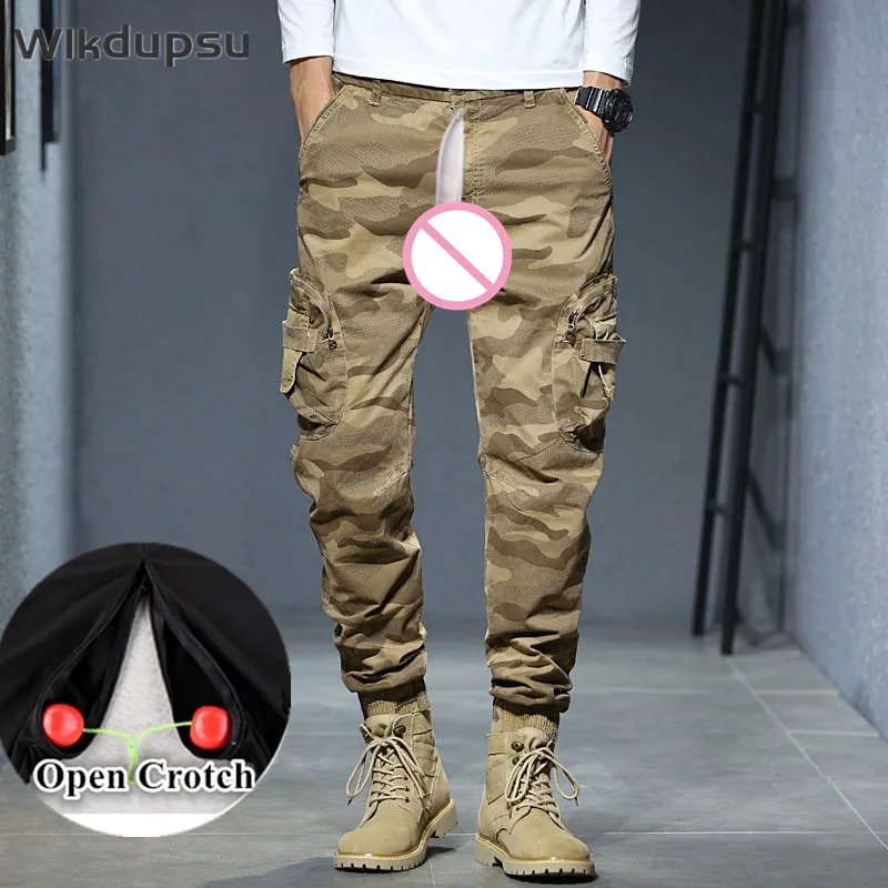 

Men's Cargo Sexy Open Crotch Pants Casual Zippers Crocthless Joggers Fashion Camouflage Tactical Military Male Street Trousers
