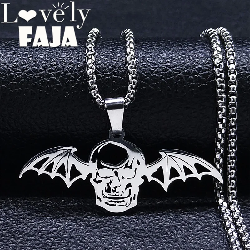 Gothic Vampire Bat Skull Wings Necklace Pendant Stainless Steel