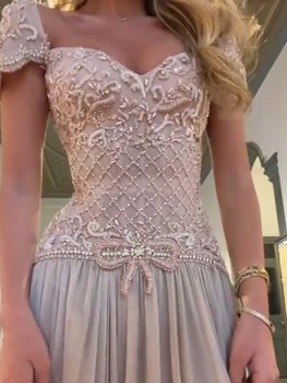 Aunber Luxury Nude Pink A-Line Cap Sleeves Beaded Evening Dress with Crystals Bow for Formal Occasion Gowns Customized 1