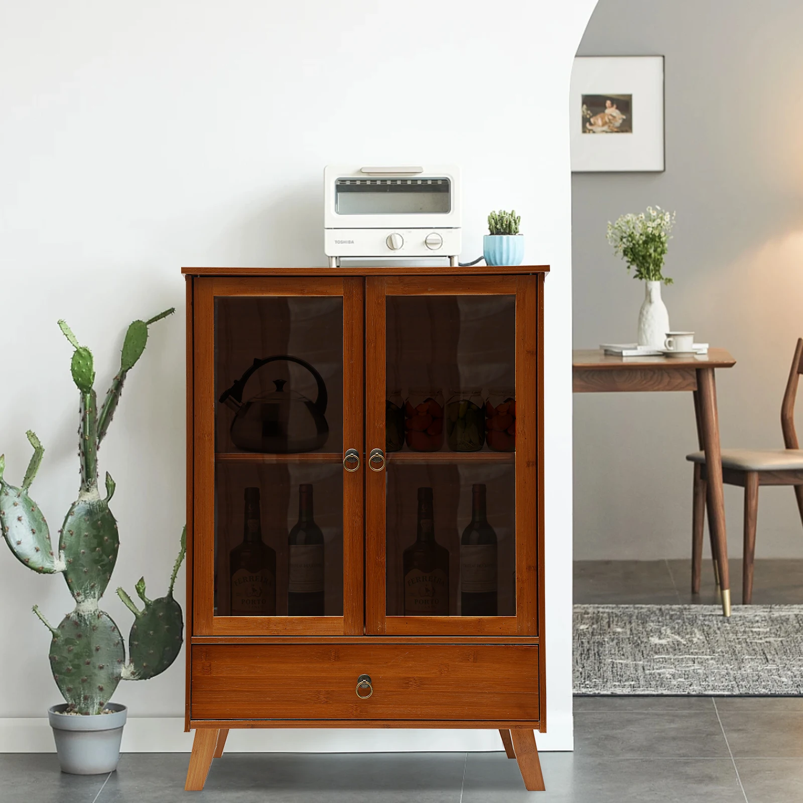 CNCEST Bamboo Kitchen Sideboard Brown Freestanding Storage Organizer Bamboo Cupboard Can be Placed in The Living Room Bedroom