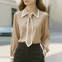 Women's fashion tie lapel design casual long-sleeved shirt - Image 5