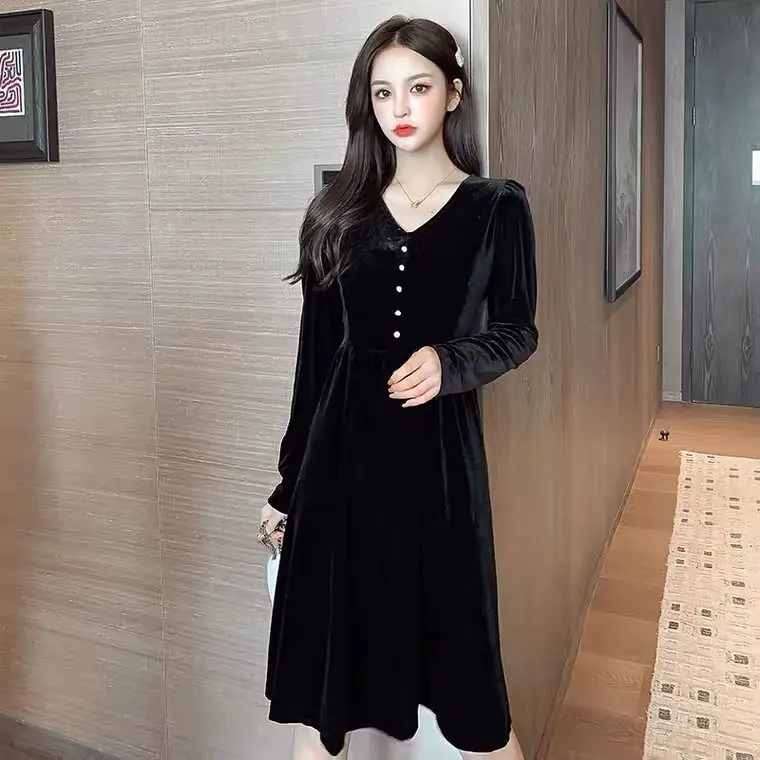 

2022 Autumn New Long-sleeved Dress Women Retro French V-neck Waist All-match Boutique Clothing Simple Style Long DressesforWomen