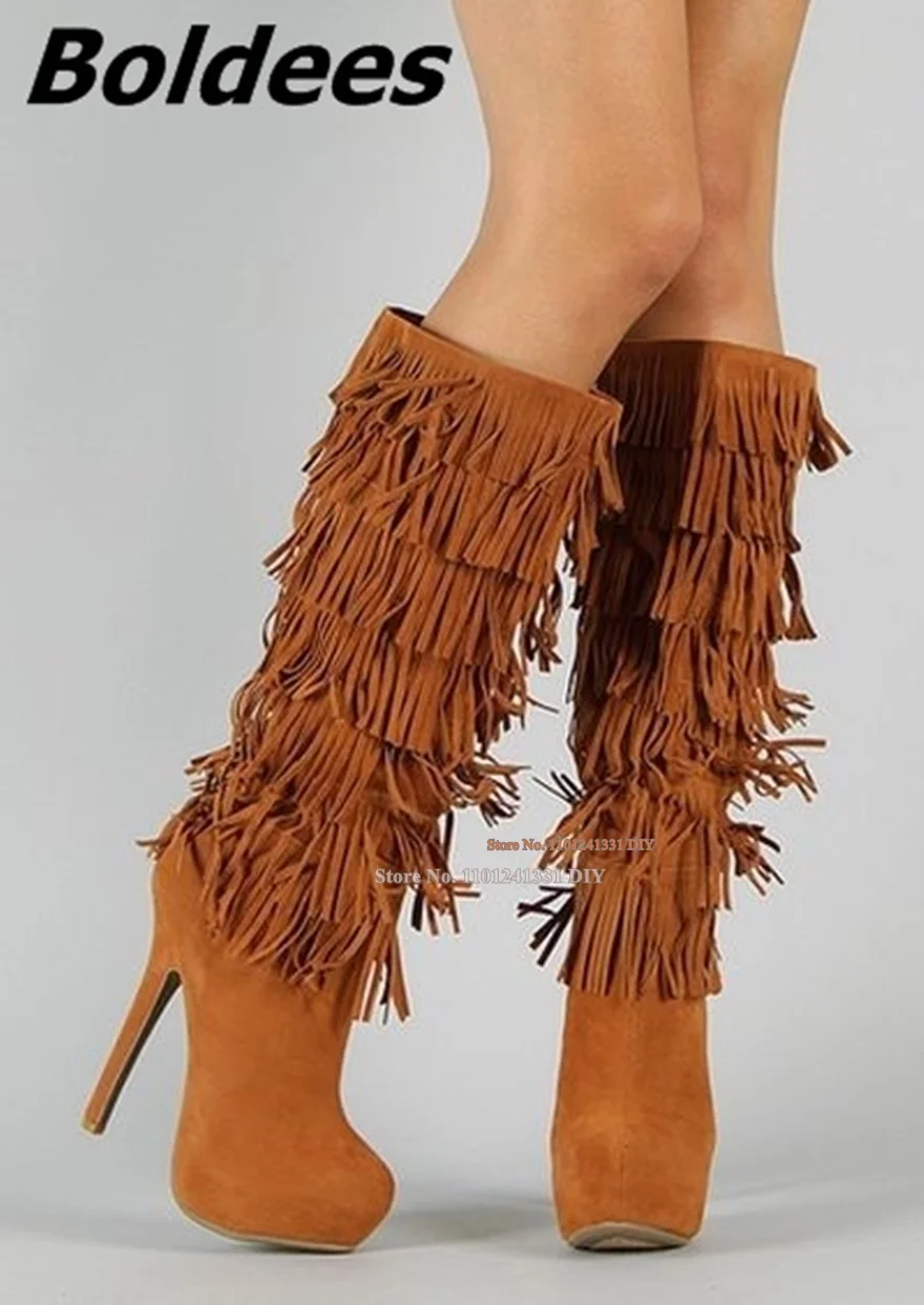 

Classic Brown Suede Flowing Fringe Stiletto Heels Women Round Toe Platform Tassel Boots Side Zip Long Boots