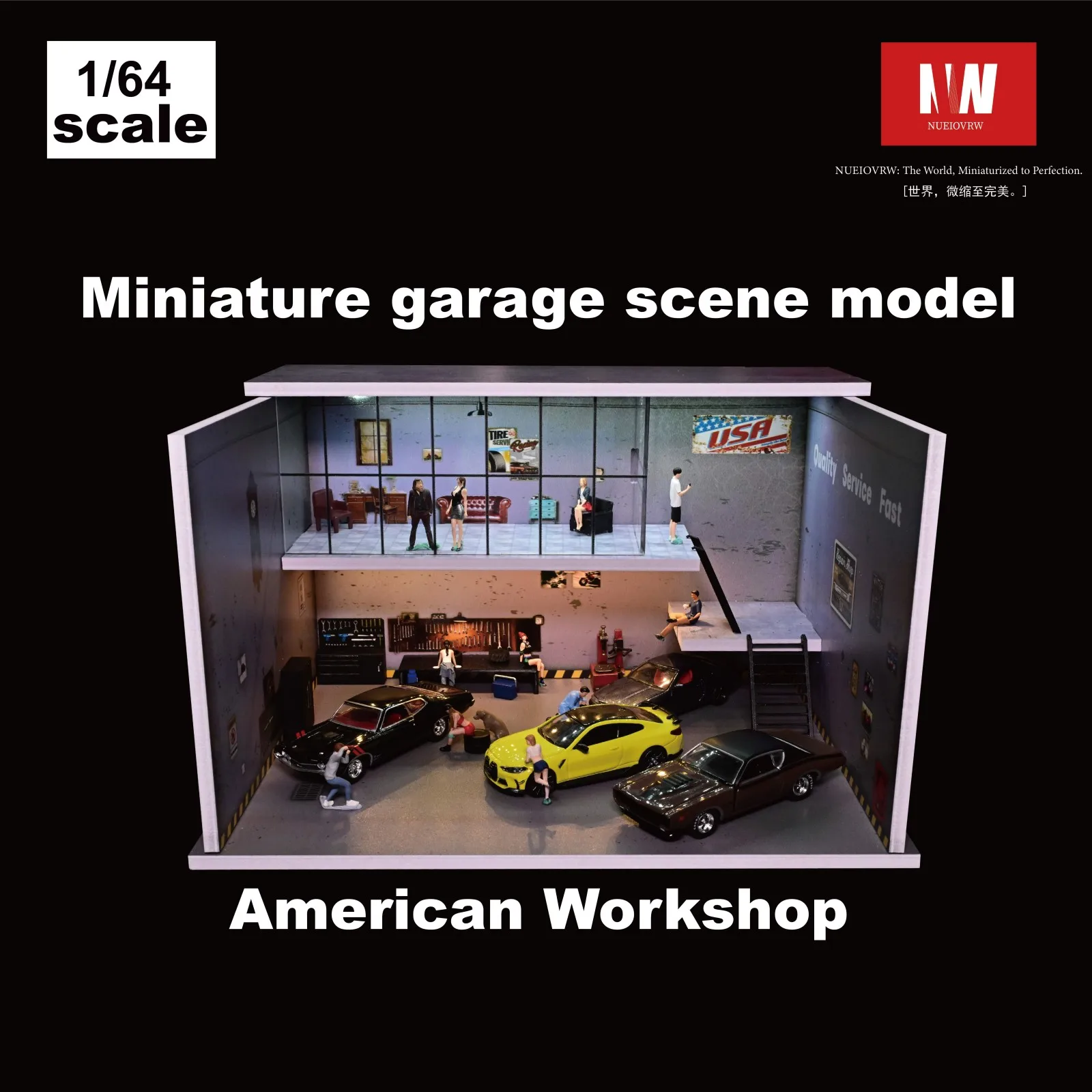 1/64 Scale Diorama Car Garage Model Model LED Lighting Double Deck