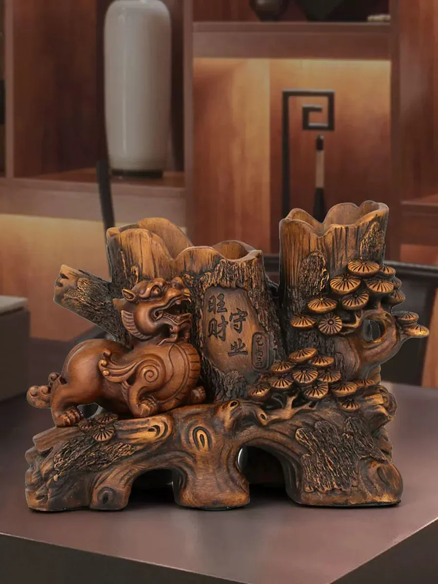 Wangcai Shouye Double Pen Holder, Zhaocai Pixiu Decoration, Office Desktop Decoration, Practical Craft