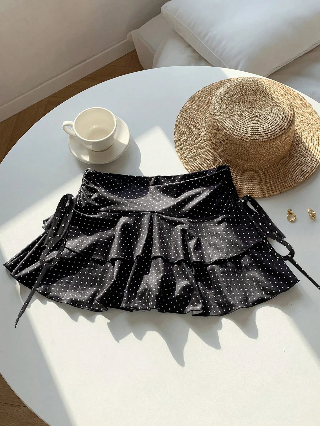 Women's Casual Vintage Skirt Black Embellished Polka Dot Print Tiered Ruffle Side Drawstring Ruched Low Rise Mini Skirt 2026 6