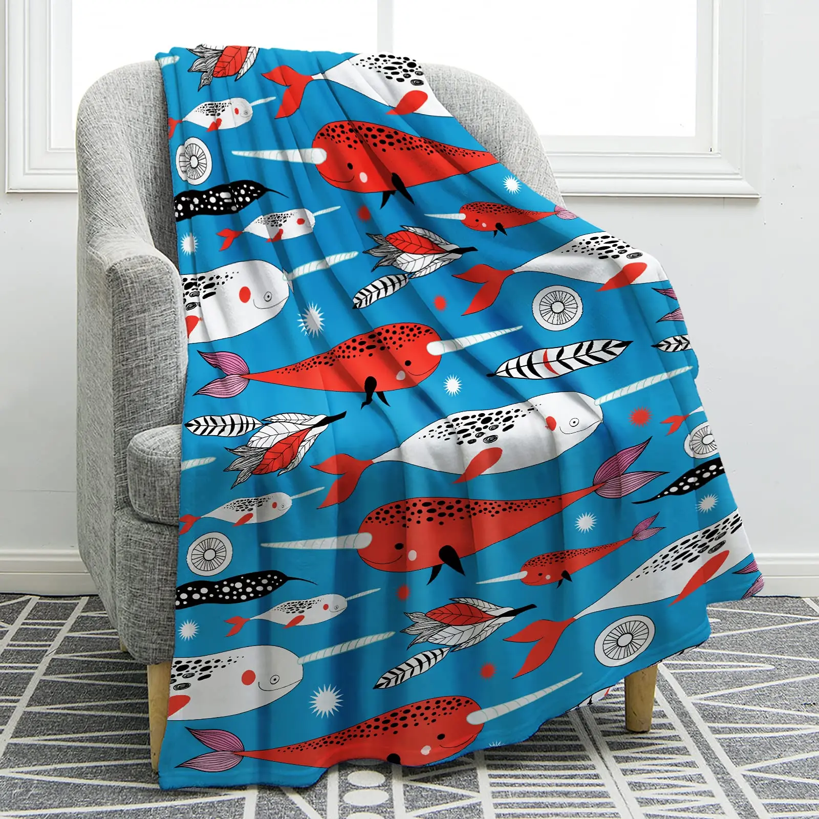 

Arwhal Blanket Cartoon Print Cozy Soft Warm Whale Throw Blanket for Sofa Couch Chair Bed Office Travelling Camping,home Gifts