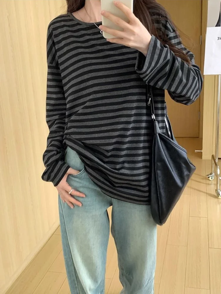 Japanese Y2k Clothing Long Sleeves T-shirt Autumn Women Striped Tops Loose Thin Grunge 2000s Streetwear Top 6