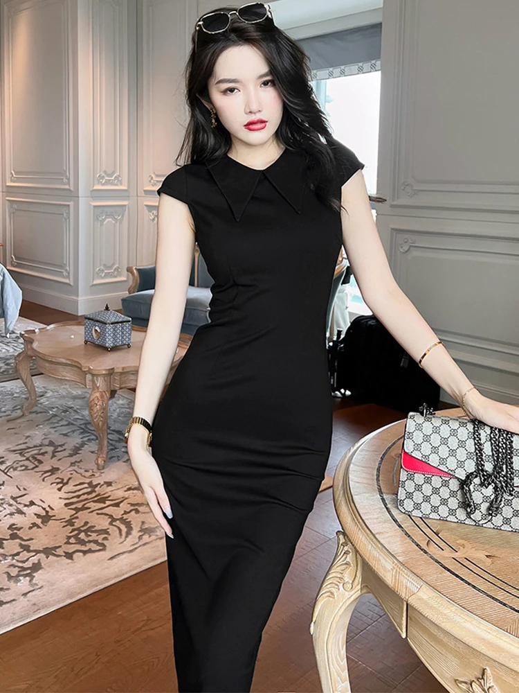 Vestidos de verão elegante simples preto vestido feminino 2023 manga curta  bodycone magro fenda midi robe escritório rua férias vestidos - AliExpress