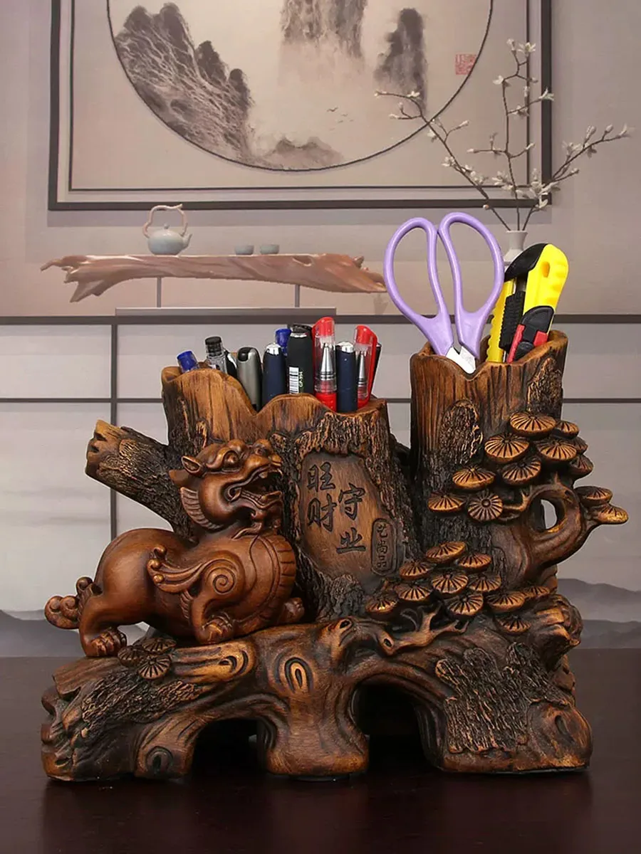 Wangcai Shouye Double Pen Holder, Zhaocai Pixiu Decoration, Office Desktop Decoration, Practical Craft