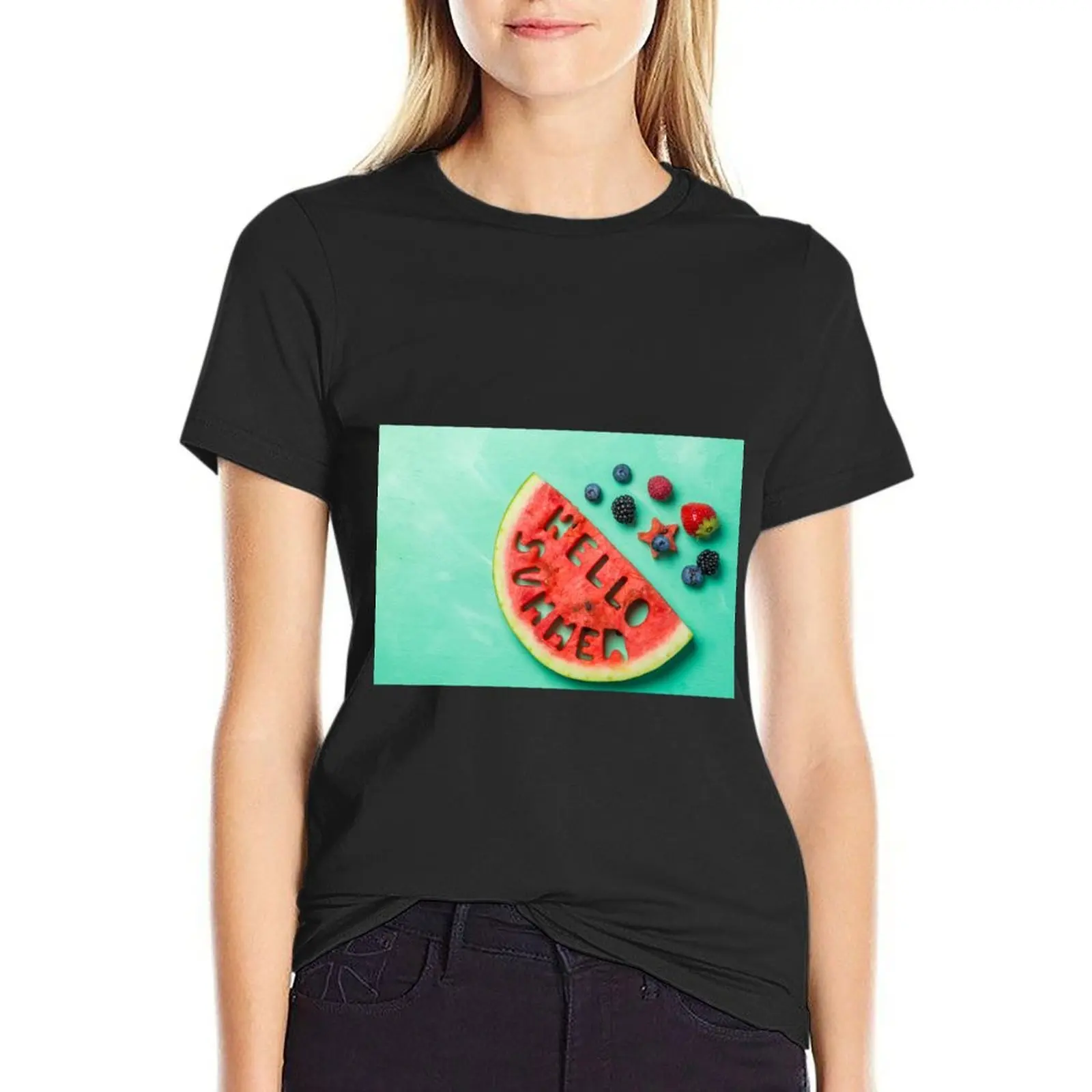 

Hello Summer Watermelon T-shirt lady clothes graphics animal print shirt for girls Women clothes