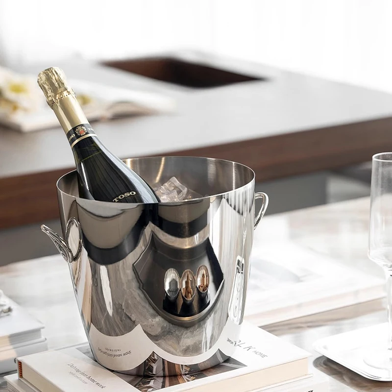 Stainless Steel Ice Bucket Handle Champagne Bucket Beer Cooler Luxury Bar Accessories Home Decoration Party Restaurant