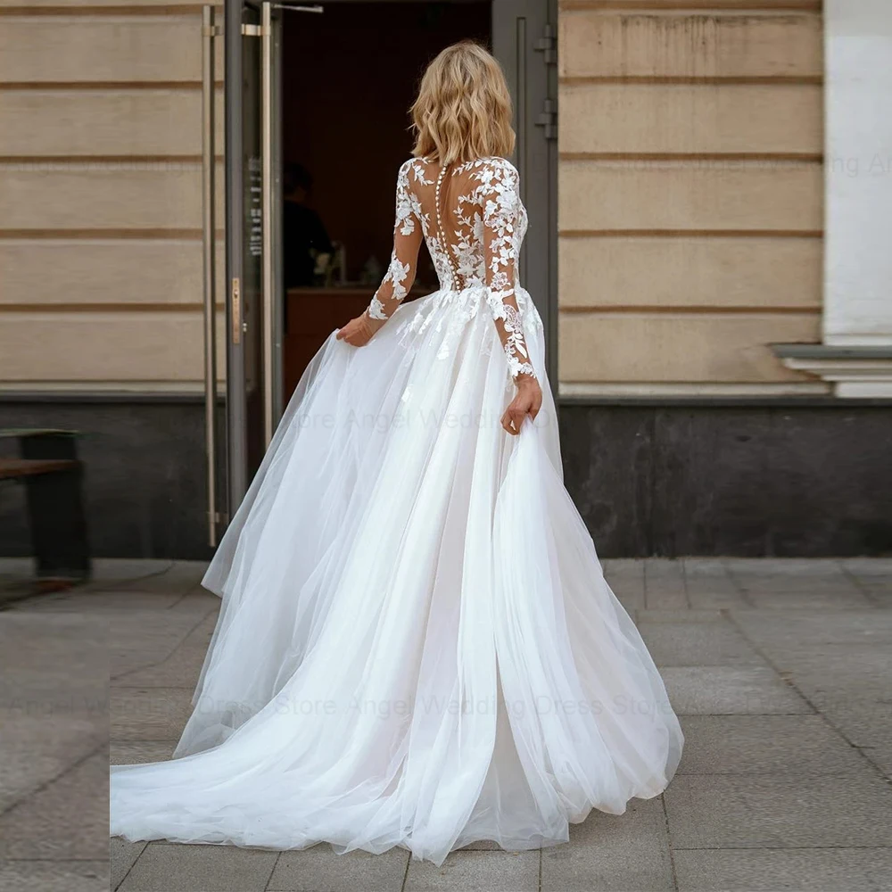 ANGEL Elegant A-Line Lace Wedding Dress Long Sleeves Scoop Neck Applique Bridal Gowns Button Plus Size Vestidos De Novia 2