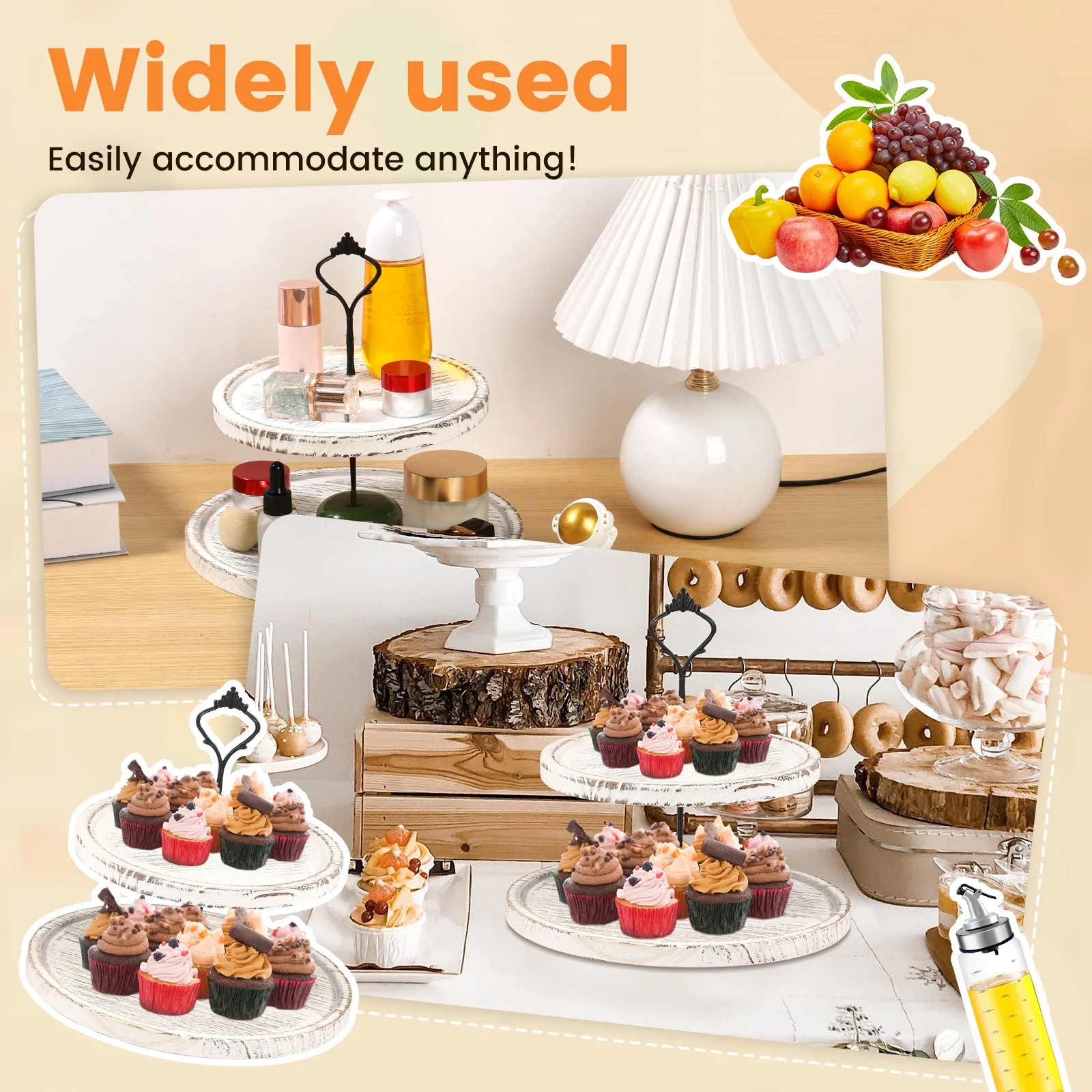 Wooden 2 Tiered Tray Round Farmhouse Kitchen Table Decor Serving Tier Tray Food Fruits Cupcake Display Coffee Bar Home Party 6