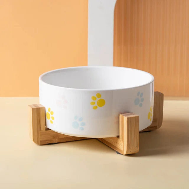 Ceramics Dog Bowl with Wood Mat Wide Mouth Feeding Bowls Food and Water Pet Feeder for Cat Puppy Protecting Cervical Spine 5