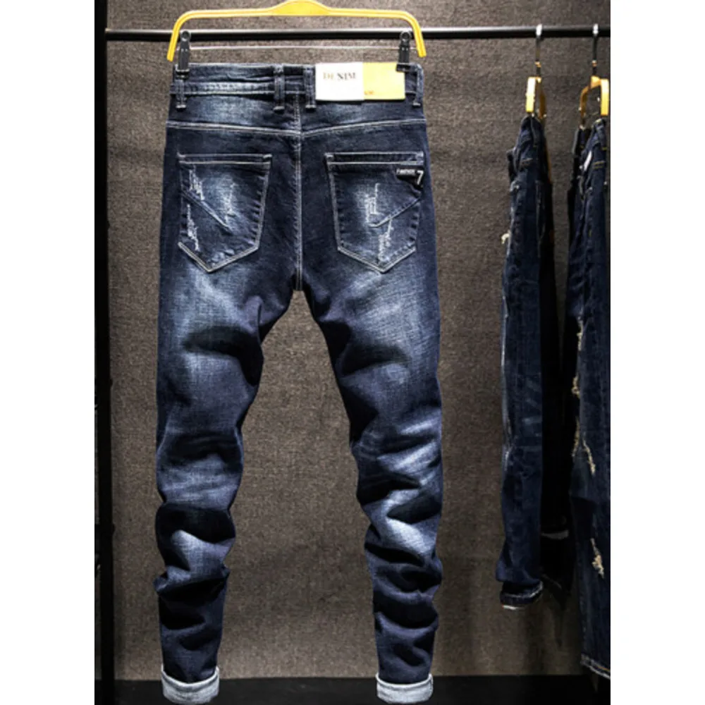 Calças jeans masculinas slim fit elásticas distressed tendência_voghion.com
