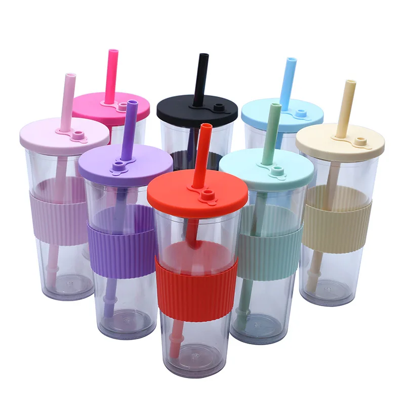 Reusable Double-layer Plastic Coffee Cup With Straw And Sleeve_voghion.com