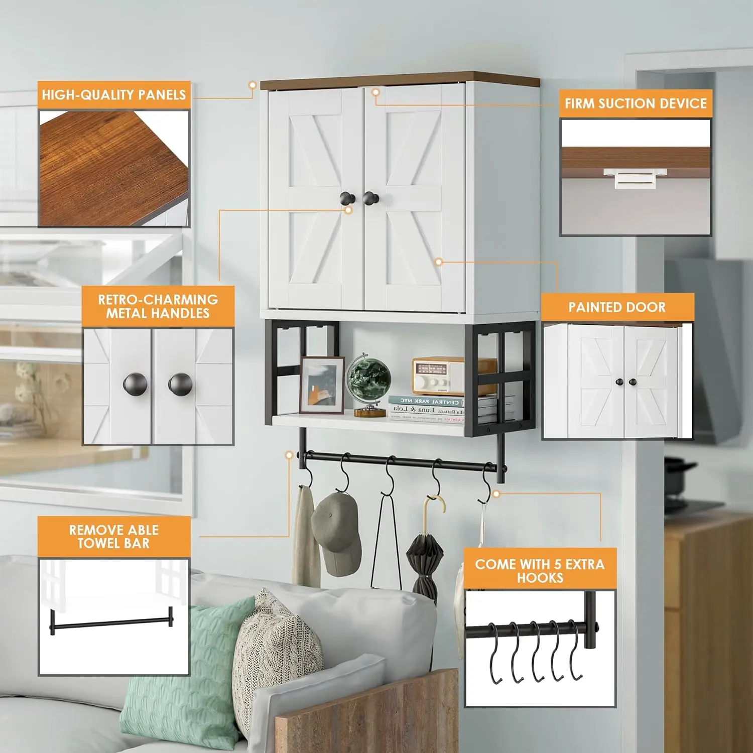 Farmhouse Medicine Cabinet for Small Bathroom Wall Mounted – 3-Tier Storage Cabinet with Adjustable Shelf & Towel Bar, 2-Door
