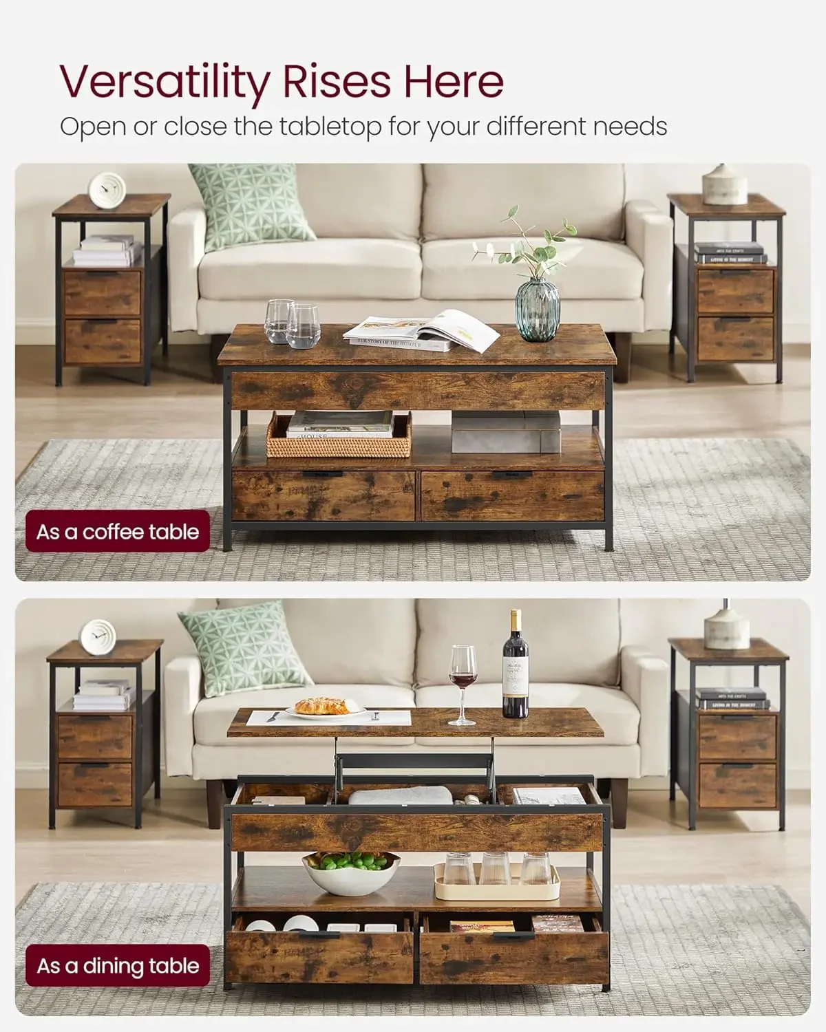 Lift Top Coffee Table with Storage Drawers, Coffee Table for Living Room with Lifting Top, Hidden Compartments and Open Shelf 4