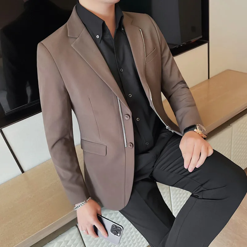 Zipper Men Blazers Spring Business Casual Suit Jacket Slim Office Social Dress Coat Wedding Groom Men Clothing