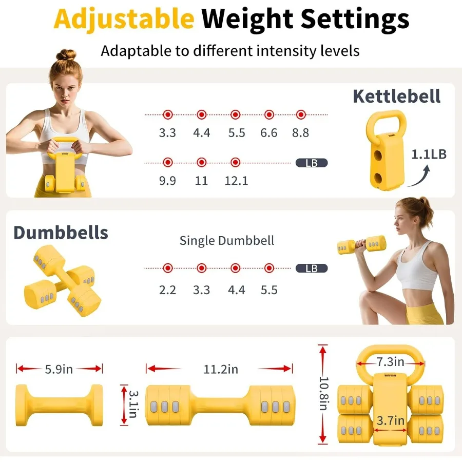 2-in-1 Adjustable Dumbbells Set, 4 Levels Weight Dumbbells Set for Women Men, Each 2.2/3.3/4.4/5.5lb Hand Weights with Kettlebel