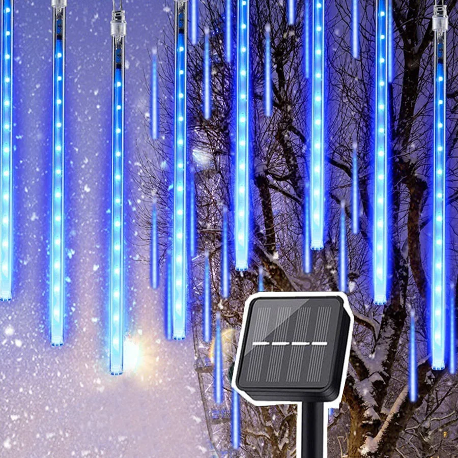 Solar Led Meteor Shower Light Outdoor Falling Rain Drop Light Waterproof Garden Christmas Icicle Light Fairy Tube Garland Light
