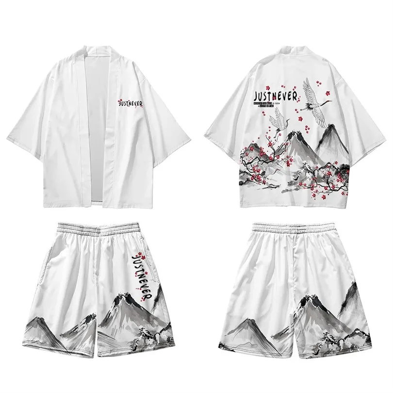 Two-piece Suit Japanese Crane Cardigan Women Men Cosplay Yukata Clothing Harajuku Tradition Kimono + Shorts Sets Haori
