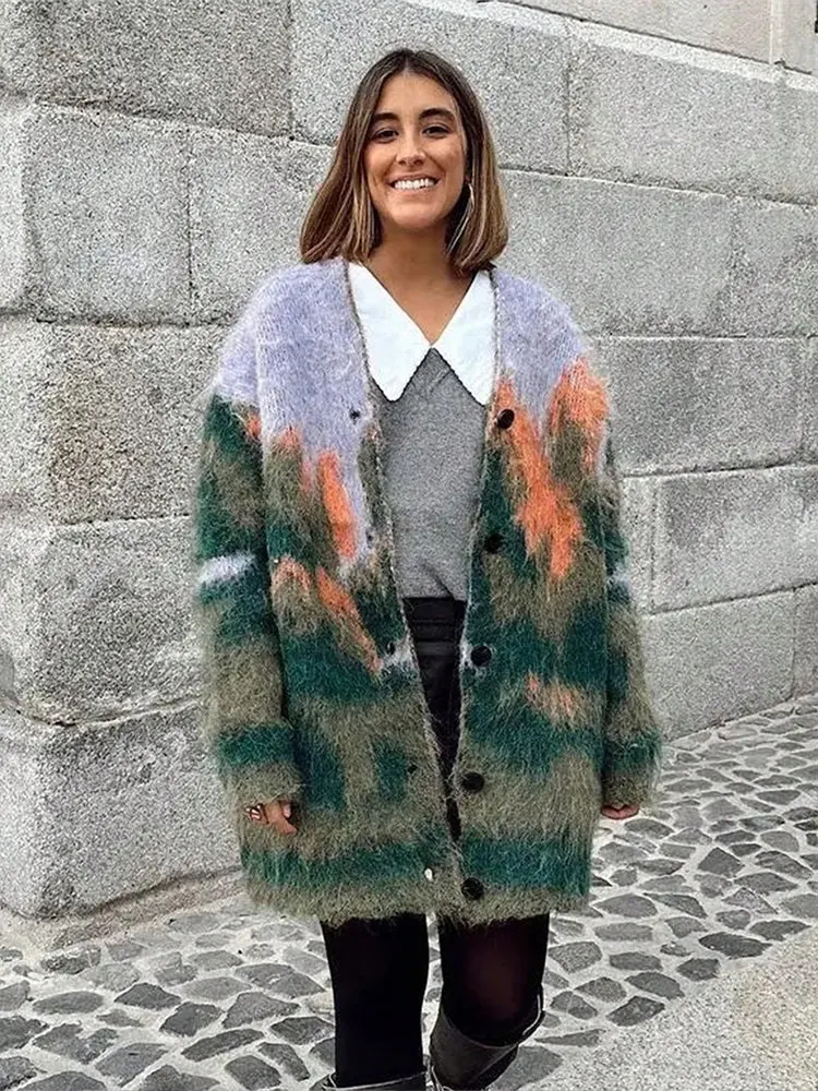 HH Women Colorful Print Long Cardigan Single Breasted V Neck Knitted Sweater Coats Autumn Loose Casual Maternity Outfit