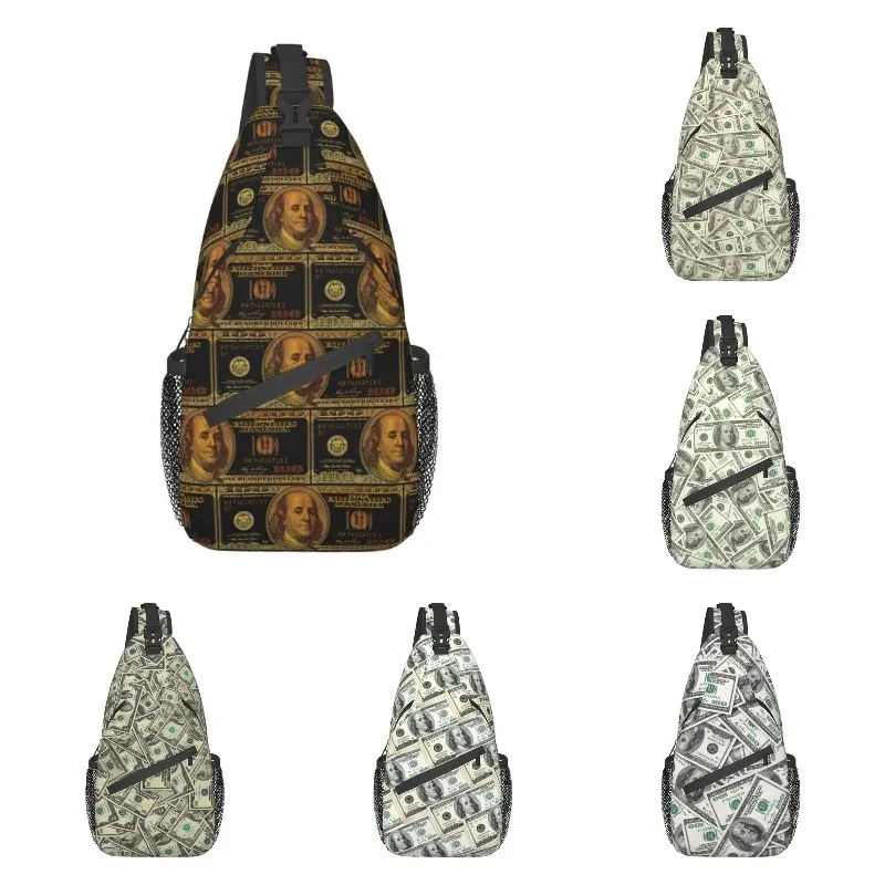 

Fashion Gold 100 US Dollar Bill Sling Crossbody Backpack Men Banknotes Pattern Shoulder Chest Bags for Hiking