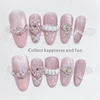 10Pcs Cute Handmade Press on Nails Full Cover Pink Sweet Nail with Rhinestone Wearable Fresh Cat Eye French Almond Oval Manicure