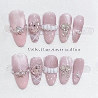 10Pcs Cute Handmade Press on Nails Full Cover Pink Sweet Nail with Rhinestone Wearable Fresh Cat Eye French Almond Oval Manicure