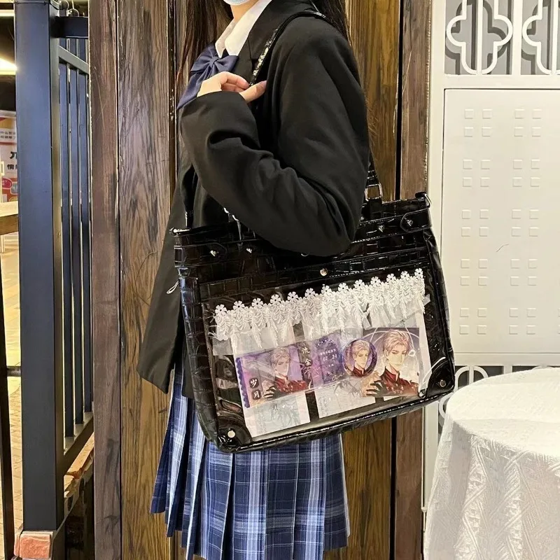 Xiuya Y2k Womens Tote Bag Aesthetic Japanese Style Leather Vintage Transparent Shoulder Bag Lolita Jk Large Capacity New Handbag