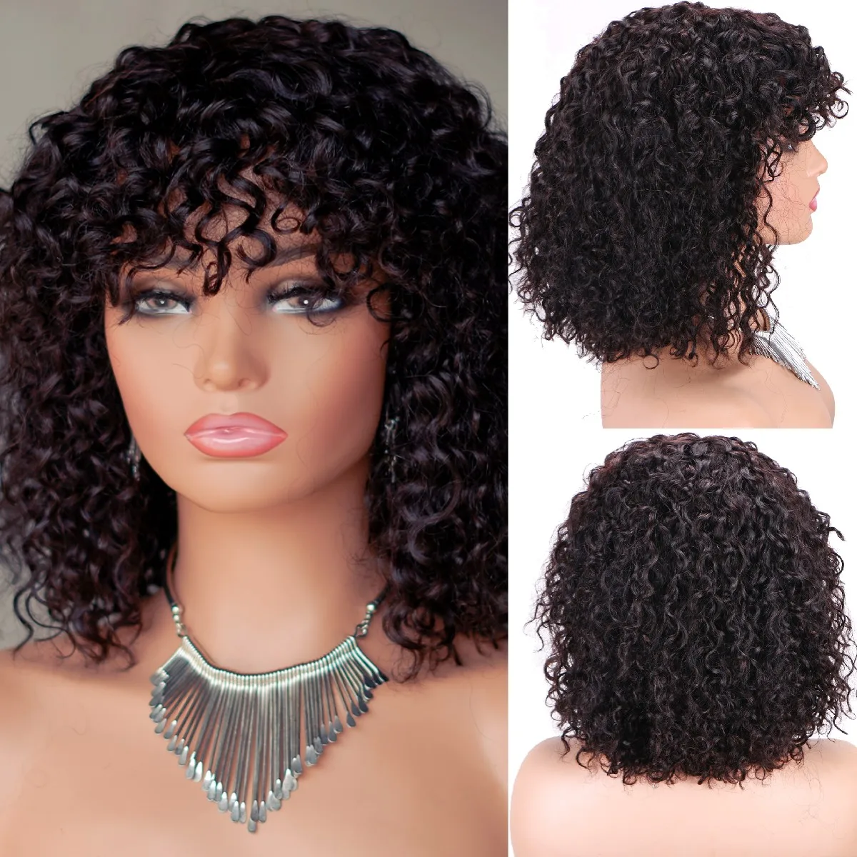 

Short Bob Kinky Curly Human Hair Wig With Bangs Black Human Hair Wigs for Women Afro Full Machine Made Natural Closure Hair Wigs