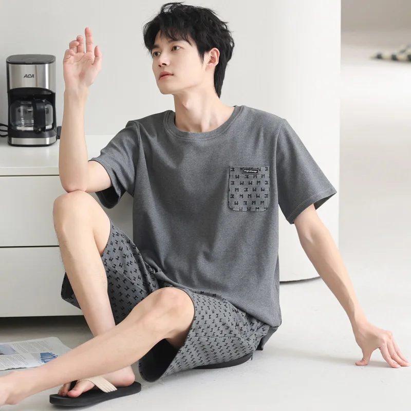 2피스 세트 남성용 여름 홈웨어, 통기성 좋은 면 소재 나이트웨어, 젊은 남성용 잠옷, 파자마, 남성용 면 파자마