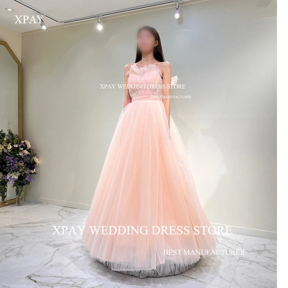 

XPAY Blush Pink Draped Tulle A Line Prom Dresses korea Wedding Photo shoot Floor Length Evening Gowns Formal Party Dress Long