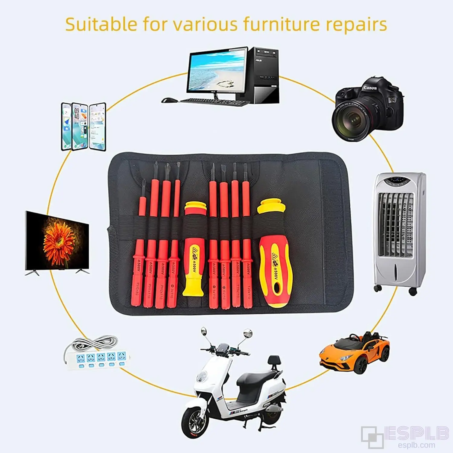 ESPLB 10 in 1 500V Insulated Screwdriver Set Interchangeable Blades Strong Magnetic Storage Pouch precision screwdriver set magnetic screwdriver set screwdriver set magnetic screwdriver bit set magnetic screwdriver